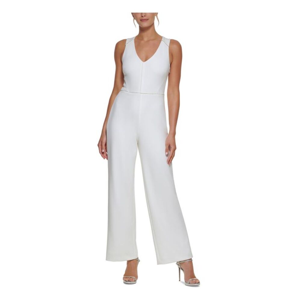 NWT DKNY Womens Ivory Beaded Zippered Sleeveless V Neck Wear To Work Jumpsuit 4